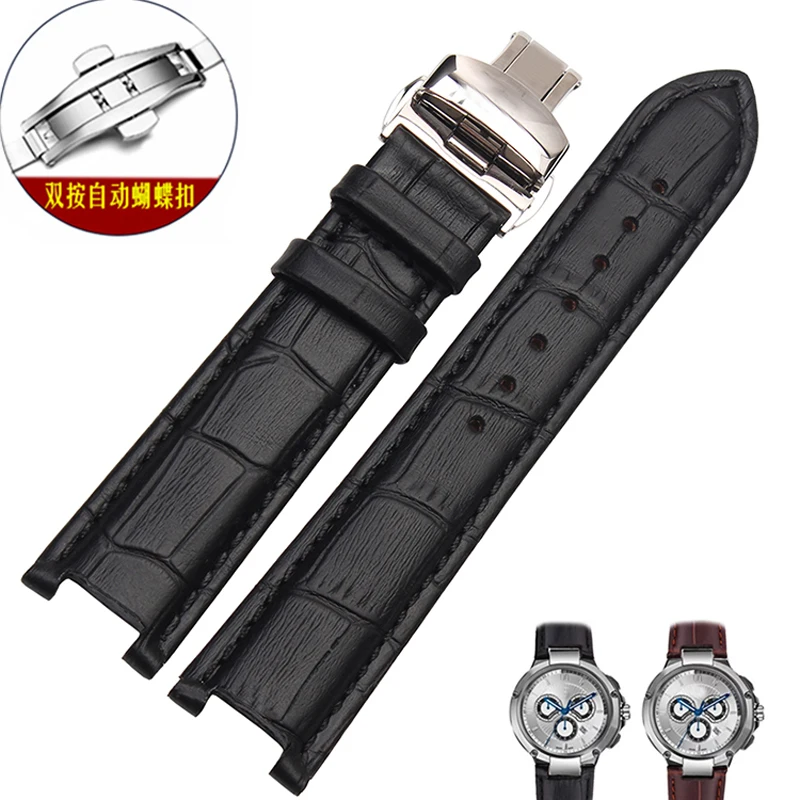 Genuine Leather Watchband with Stainless Steel Butterfly Buckle