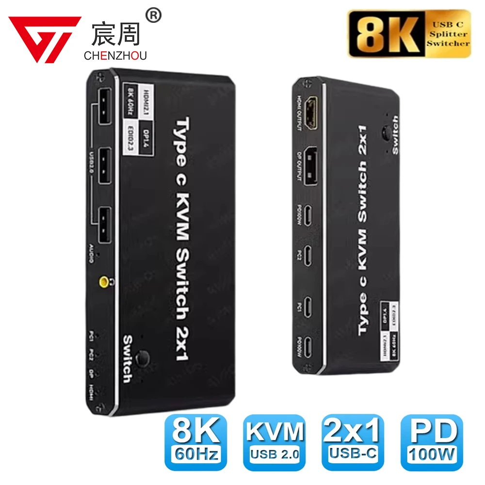 Hdmi 2.1 8K 2X1 Thunderbolt 4 Usb C Kvm Switch 100W Pd Charge 4K 144Hz Tipo C Kvm Switch Switcher Per 2 Laptop Macbook 1 Monitor Type-C Kvm Switch Wit