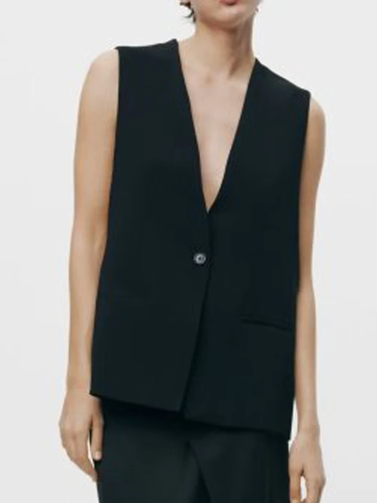 

2023 Women Autumn Long Vests Coats Casual Solid V-Neck Single Breasted Female Elegant Street Vest Waistcoat Outerwear Clothing