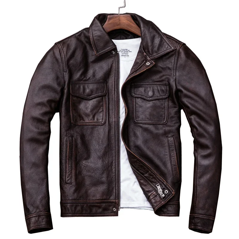 2024 New Brown Red Vintage Genuine Leather Jacket Men 100% Cowhide Natural Jackets Man Autumn Clothing Coat
