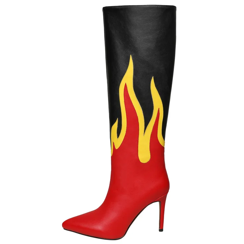 

New Punk Style Pointed Head Thin Heel Color Matching Thin Boots Stage Catwalk Flame High Heel Boots Sexy Women's Boots 34&44