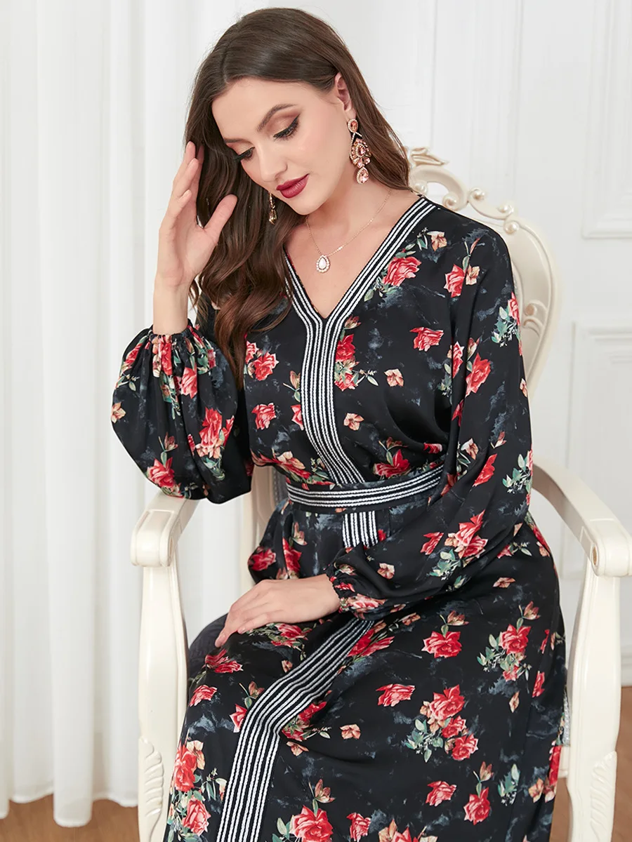 Elegant V Neck Floral Print Dress Ladies 2023 Spring Long Sleeve High Waist Casual Dresses for Women with Belt Muslim Ramadan