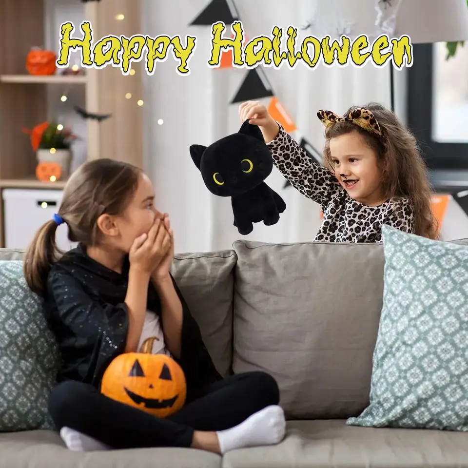 MUFEIRUO Peluche di gatto nero con collo a ciambella, peluche di gatto, regalo per compleanno, Halloween, Natale