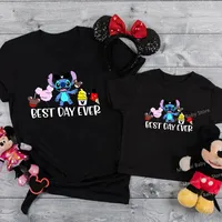 New Disney Stitch Best Day Ever Print Family Matching Shirts Cotton Dad Mom Kids Tshirt Baby Rompers Funny Family Look Outfits 1