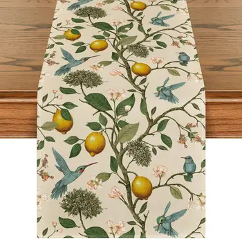 Spring Summer Lemon Tree Bird Flower Linen Table Runner Party Decor Reusable Kitchen Dining Table Runner Wedding Decorations 1
