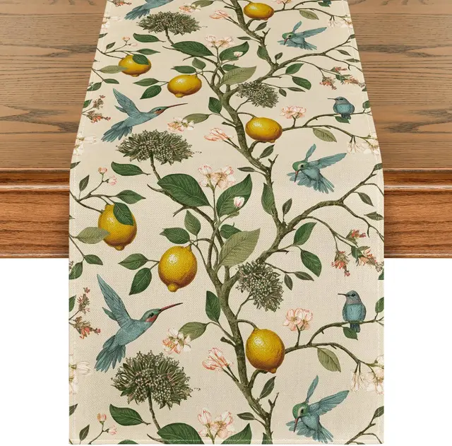 Spring Summer Lemon Tree Bird Flower Linen Table Runner Party Decor Reusable Kitchen Dining Table Runner Wedding Decorations 1