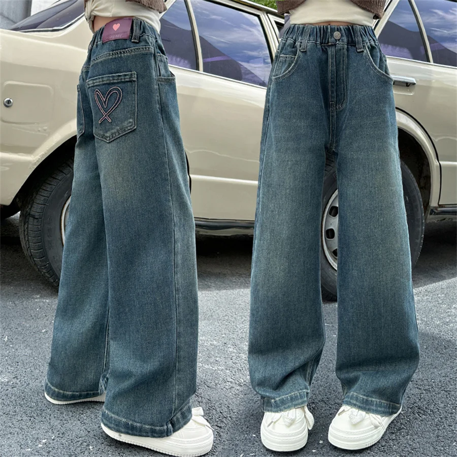 새로운 봄 아동 패션 하트 포켓 청바지, 십대 소녀들을 위한 캐주얼 하트 데님 팬츠, 아동용 우아한 캐주얼 청바지