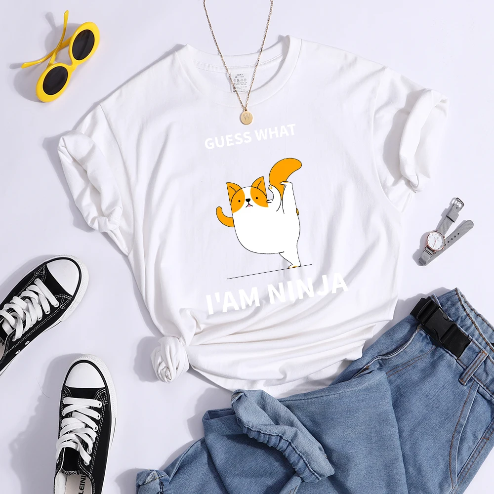 Guess What I Am Ninja Kawaii Cat Tshirts Women'S Street Cool T-Shirts Personality Hip Hop Clothes Sport Casual Crop Top Female