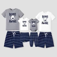 PatPat Family Matching 'BEARLY AWAKE' with Bear Face Stripe Pajamas (Flame Resistant) Suitable for Summer Season 1