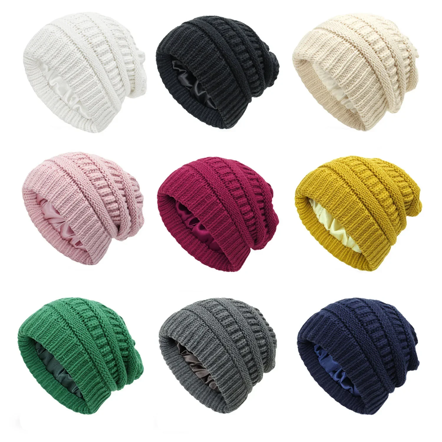 

Caps Silk Satin Lined Chunky Cap Women Men Unisex Knitted Baggy Beanie Hat Winter Warm Hats Slouchy Skullies Wool Beanies