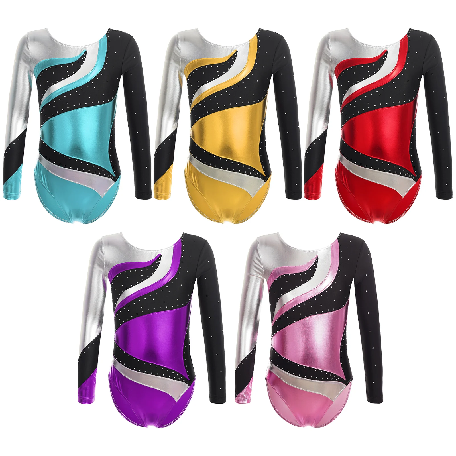 Gymnastics Jumpsuit Kids Girls Long Sleeve Metallic Shiny Rhinestone Figure Ice Skating Bodysuit Children Ballet Dance Leotard