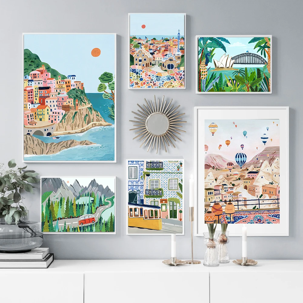 Travel City Posters Barcelona Turkey Italy Landscape Canvas Painting Nordic Living Room Home Decor Wall Art Pictures