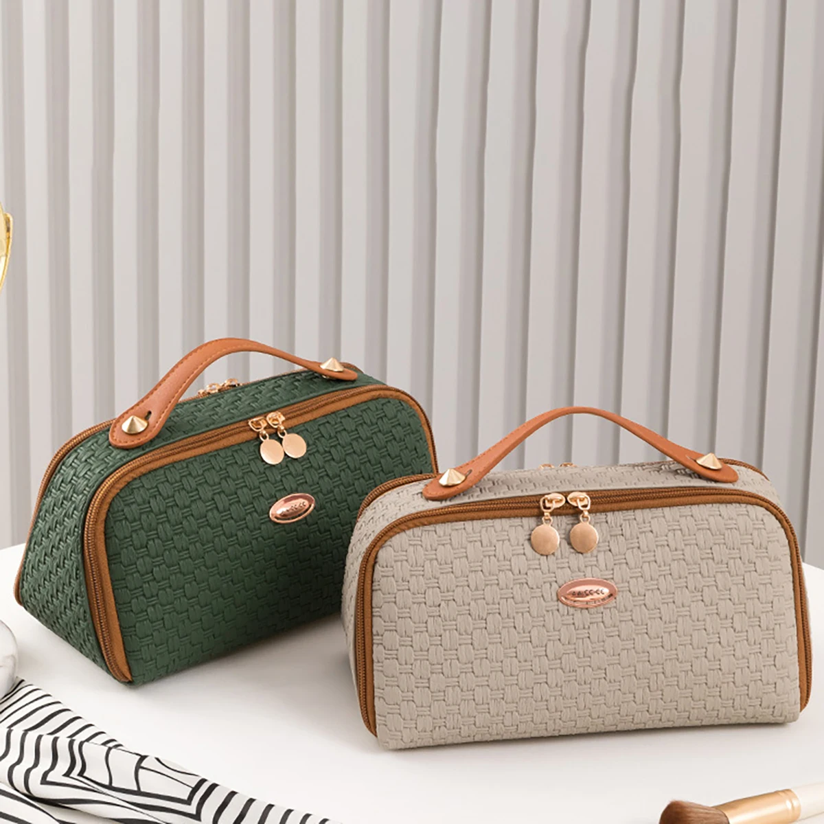 New Fashion Woven Double Zipper Makeup Bag with Large Capacity and Multi compartment Travel Cosmetics Storage Bag Washing Bag 6