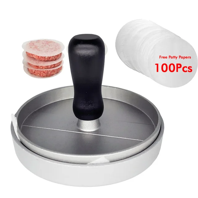 Pressa Per Hamburger In Alluminio Antiaderente + 100 Carte Pergamena - Per Polpette E Barbecue - Foto 3
