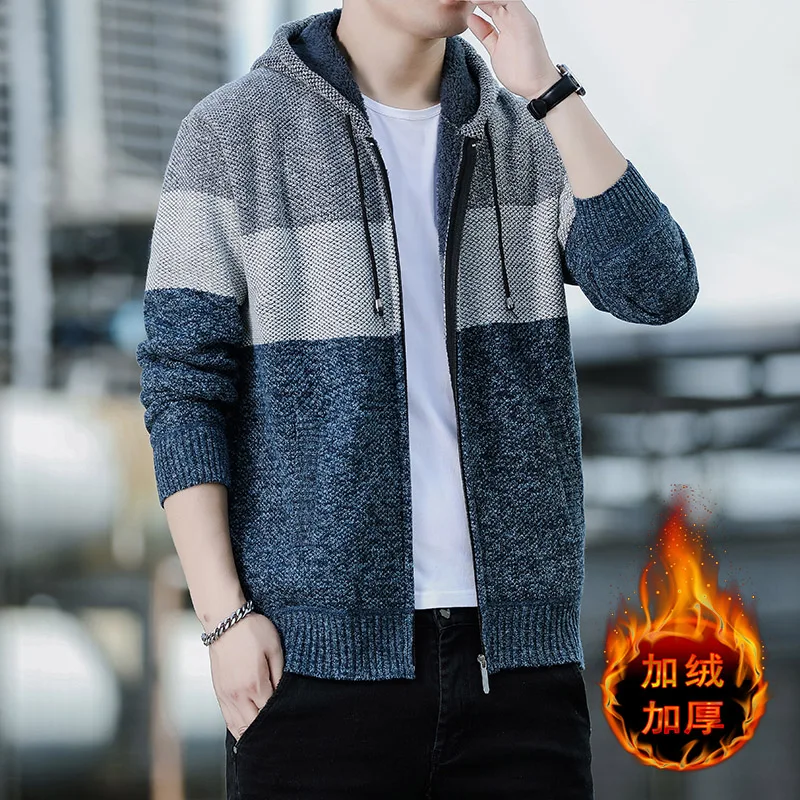 2024 Autumn Korean style Hooded Men's Sweater mens Thick and Velvet Men Cardigan Knitted Sweater Coat men Jacket Male size M-4XL