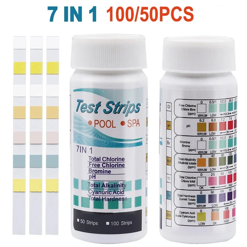 50/100pcs Multipurpose 7 in 1 Chlorine PH Test Strips SPA Swimming Pool Water Tester Paper Hardness Tool Aquarium Tank Test water tester ph indicator test strips
