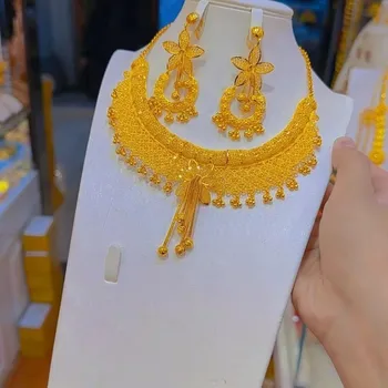New Nigeria Europe Dubai 24K Gold Plated Necklace Earrings for Wedding Party Gifts Jewelry Set for Lovers