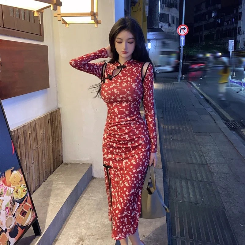 

Женское винтажное платье-Ципао, Красное Облегающее Платье в китайском ретро-стиле с цветочным принтом, элегантное платье для свадебной вечеринки