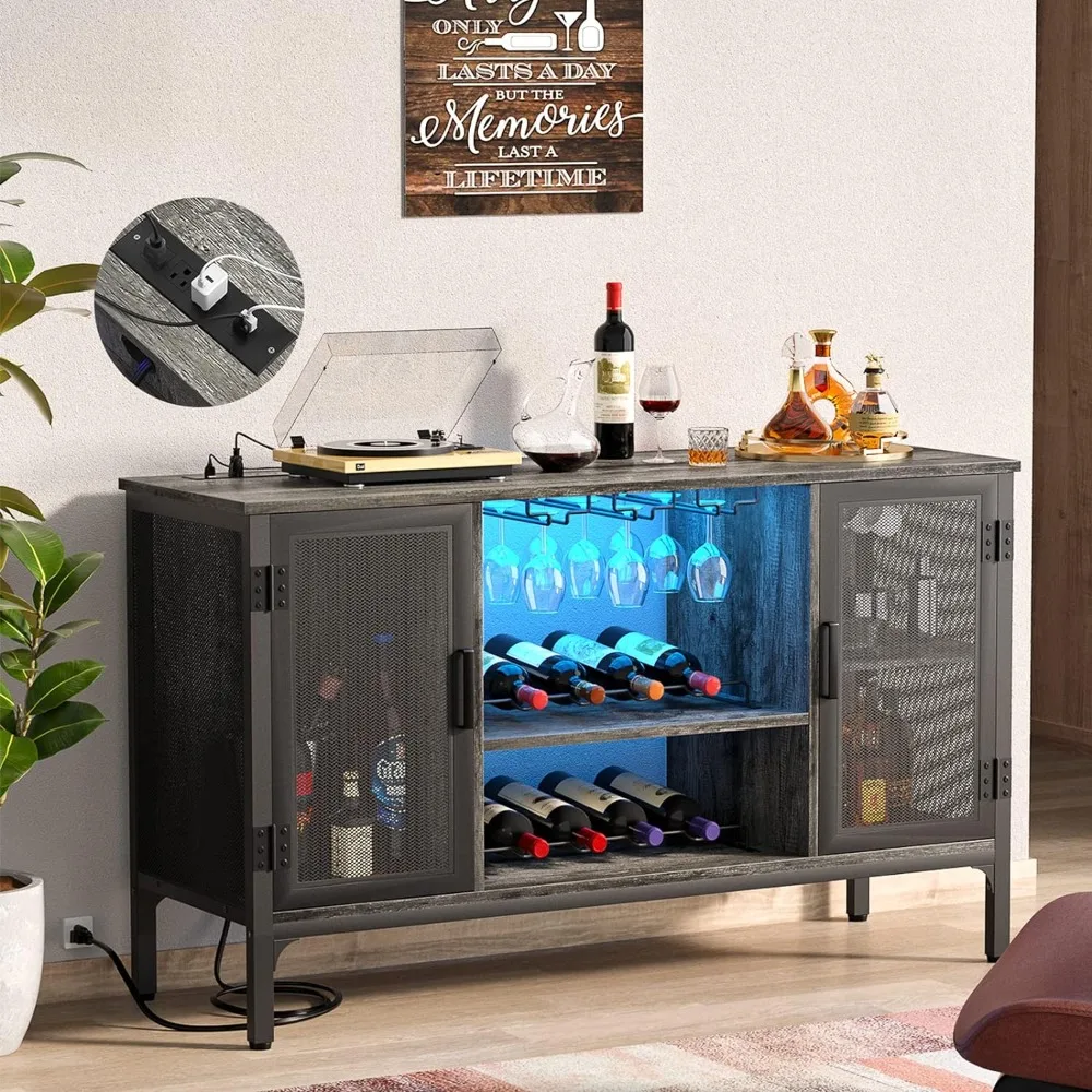 

Wine Bar Cabinet with Led Lights and Power Outlets, Coffee Bar Cabinet for Liquor and Glasses, with Removable Wine Racks