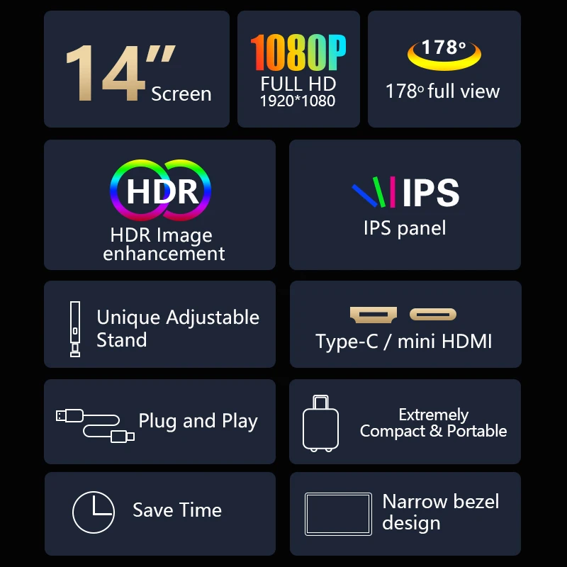14인치 1080P 접이식 타입-C & HD 포트 플러그 앤 플레이 노트북 및 사무용 확장기