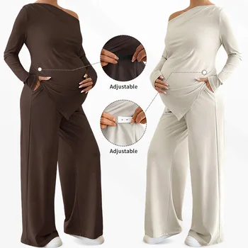 Maternity Blouse Shirt Top Adjustable Wide Leg Pants Suit Set Spring Autumn Pregnant Women Two-Piece Clothing Set Sport Outfit
