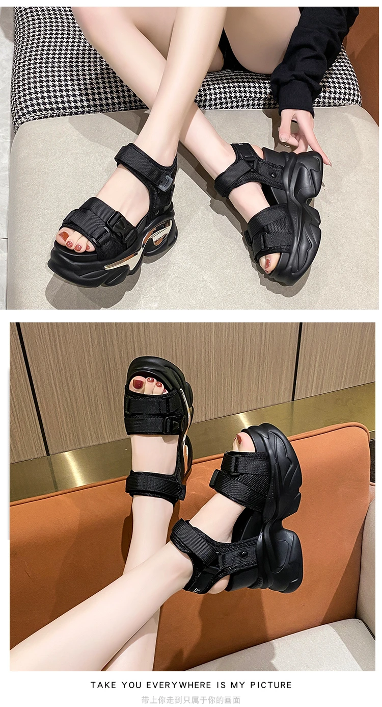 女性用オープントゥサマーサンダル,厚底10cmヒールのウェッジ