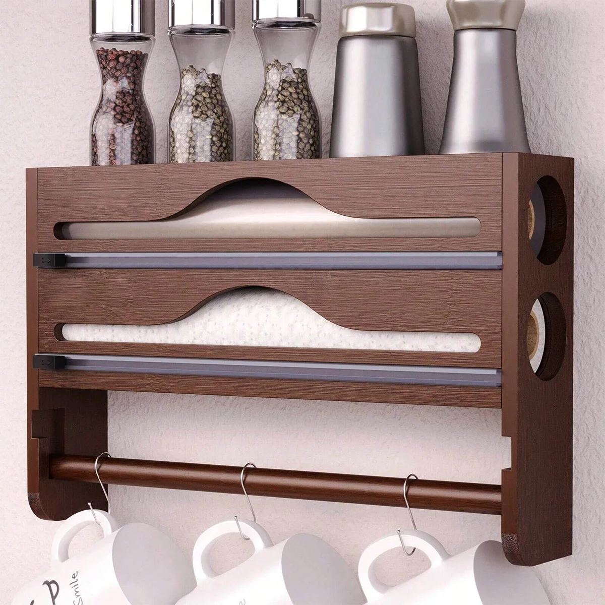 Bamboo 2 Compartment Cling Film Tin Foil Cutter Box With Kitchen Paper Wall Mounted Paper Towel Organizer