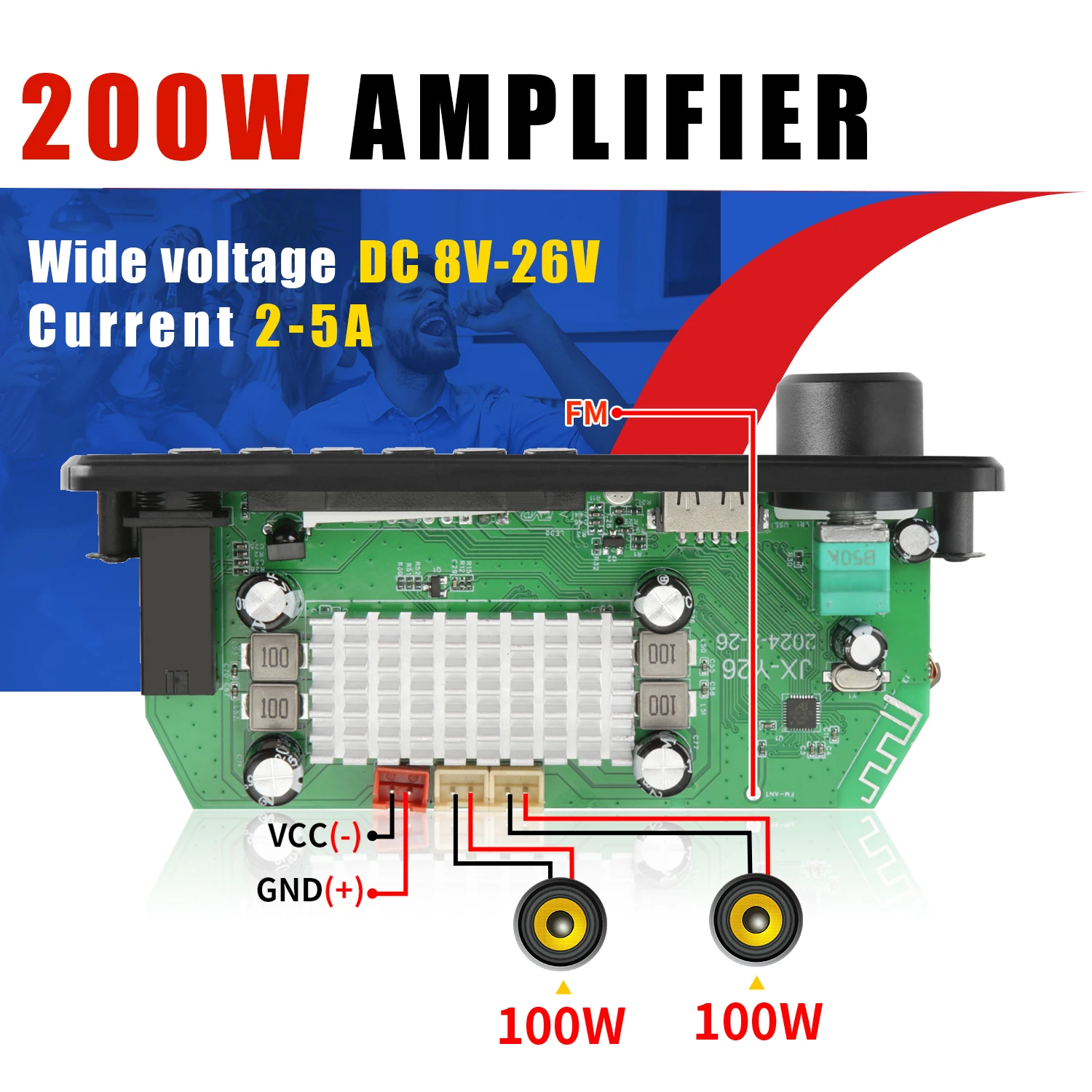 200W DIY Home Digital Amplifier MP3 Decoder Board 12V 100W Audio Power Bluetooth FM For Music Subwoofer Speakers Volume Control