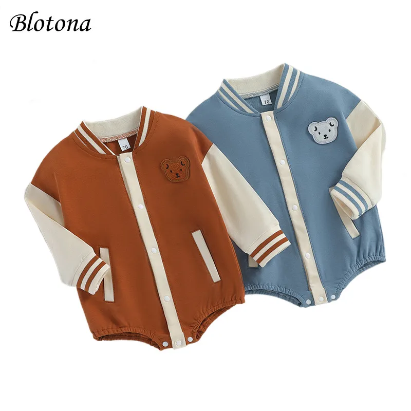 

Blotona Baby Romper, Long Sleeve Baseball Coat Cartoon Bear Button Closure Spring Fall Bodysuit for Girls Boys 0-24Months
