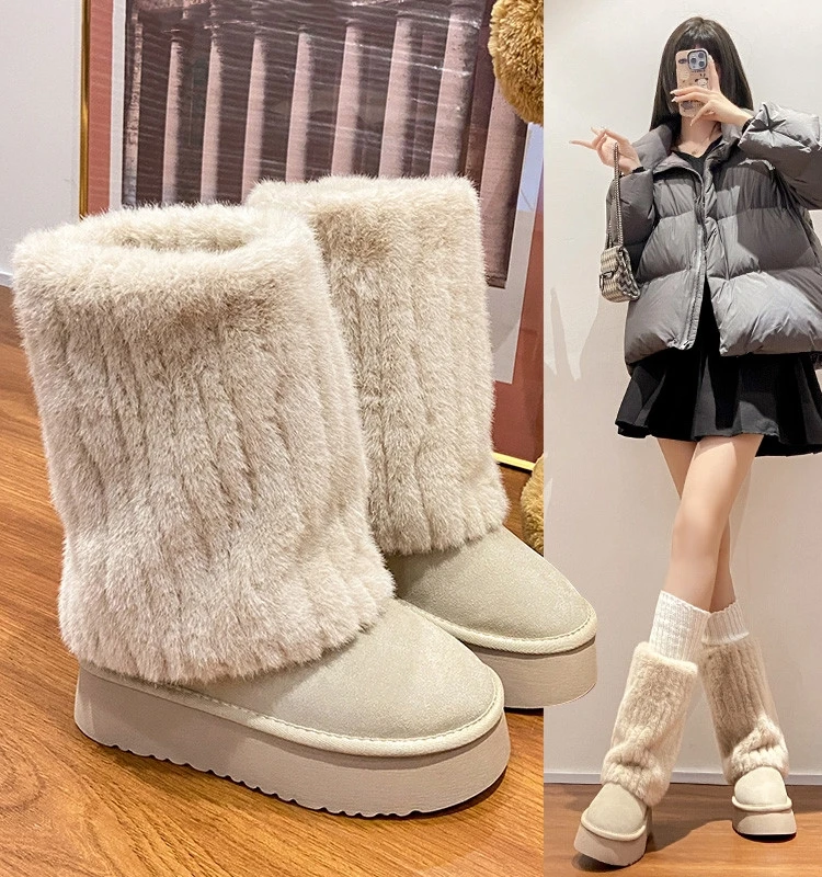 

Boots Flat Platform Brand Women's Shoes Round Toe Plush Boots-Women Winter Footwear Clogs Lolita Fashion Rubber Mid Calf Fur Me