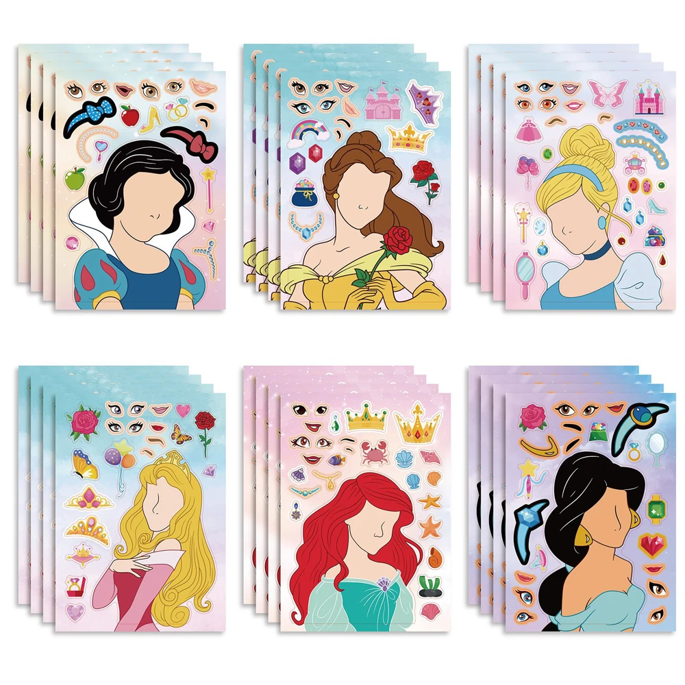 6/12Sheets Disney Princess Make-a-Face Stickers for Kids Toys Waterproof DIY Car Diary Water Bottle Cute Cartoon Puzzle Stickers