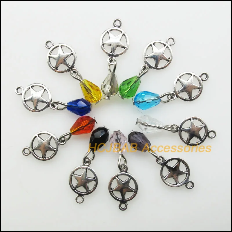 

20 New Circle Star Charms Tibetan Silver Plated Pendants Mixed Teardrop Crystal 10x16mm
