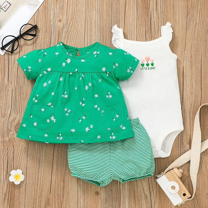 3 Pieces Set Newborn Infant Baby Girl Clothes 2022 Summer Cute Cartoon Bodysuit+Tops+Shorts Soft Cotton Bebies Kids Outfits |