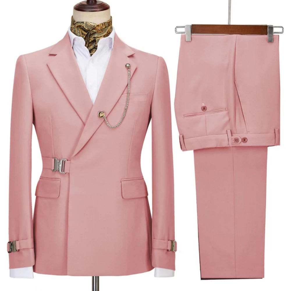 Metal Buckles Men Suits 2 Piece Fashion Khaki Notch Lapel Solid Color Blazer Business Casual Wedding Groom Full Men's Suit