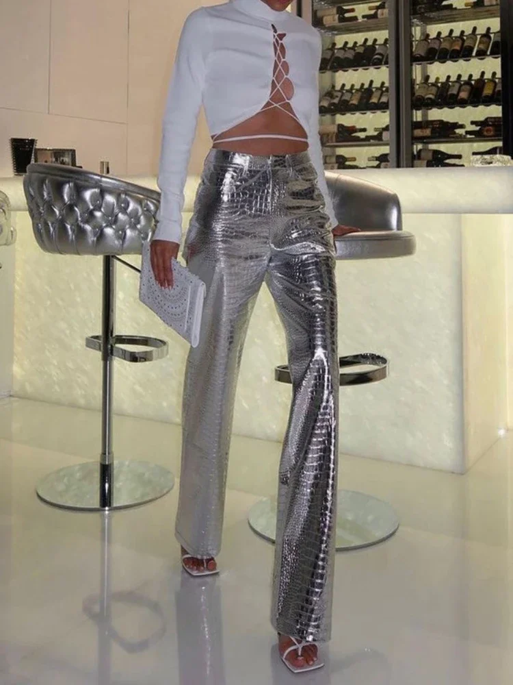 TARUXY Silver PU Pants Women 2023 Autumn Winter High Waist Loose Straight Trousers Women's Party Fashion Y2k Girl Pants Trousers