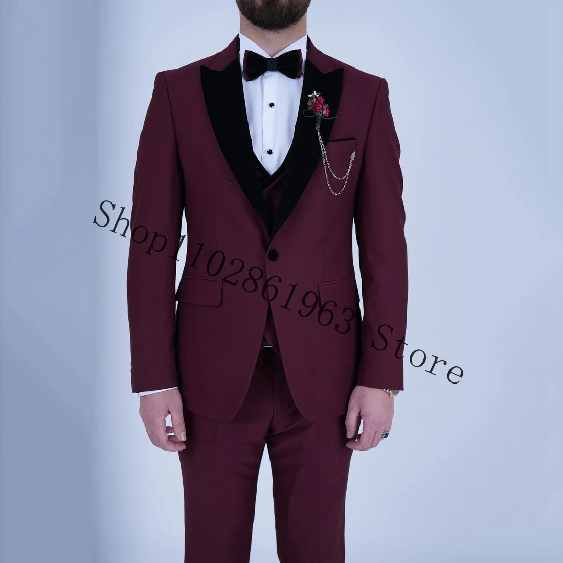 Burgundy Men's Slim Fit 3 Pieces Suit Formal Best Men Wedding Tuxedos Groom Wear Jacket Vest Pants Costume Homme Mariage