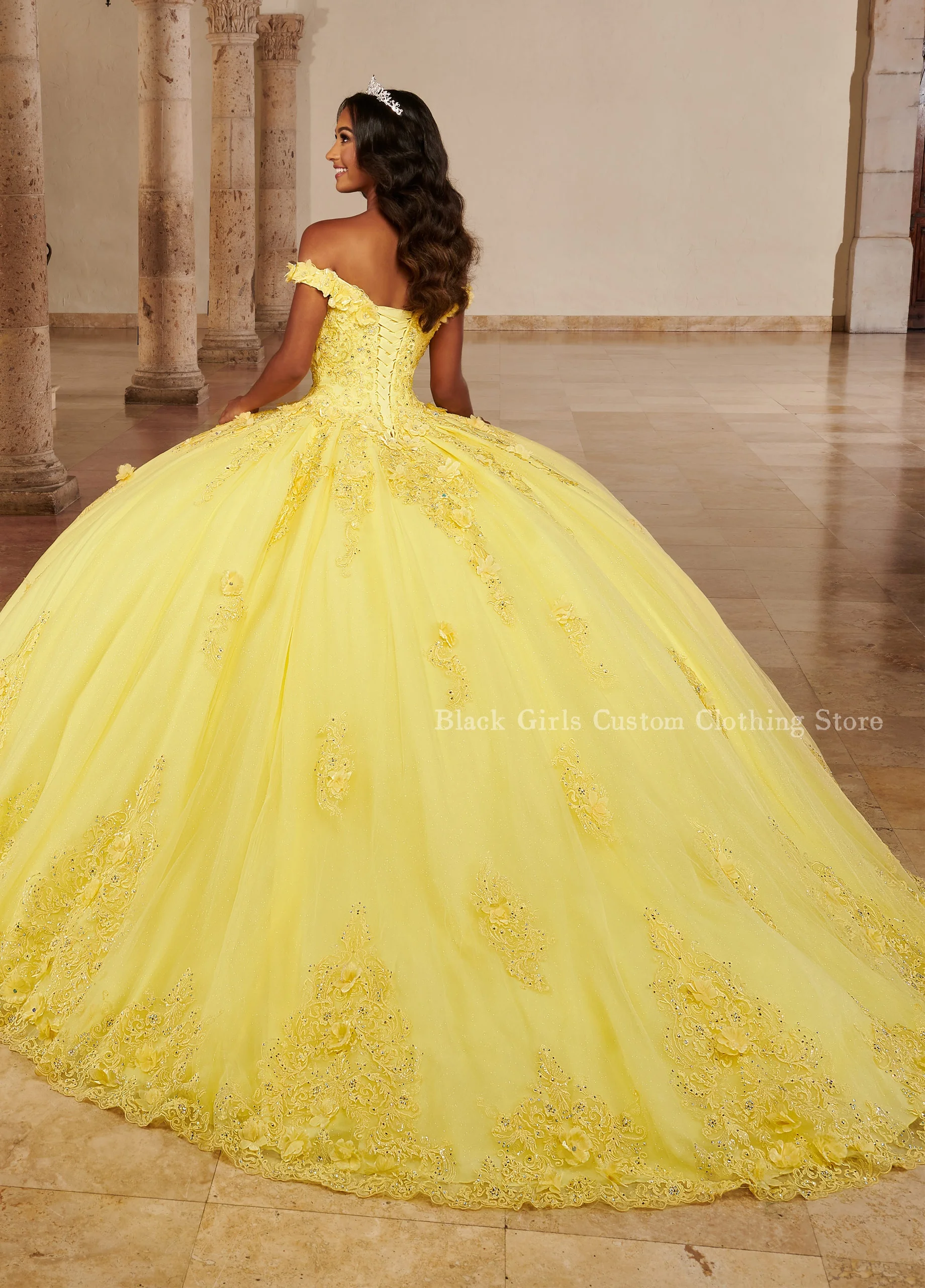 Bright Yellow Princess Quinceanera Dresses Gorgeous One Shoulder 3D Applique Corset 15 Years Mexico Customised vestidos
