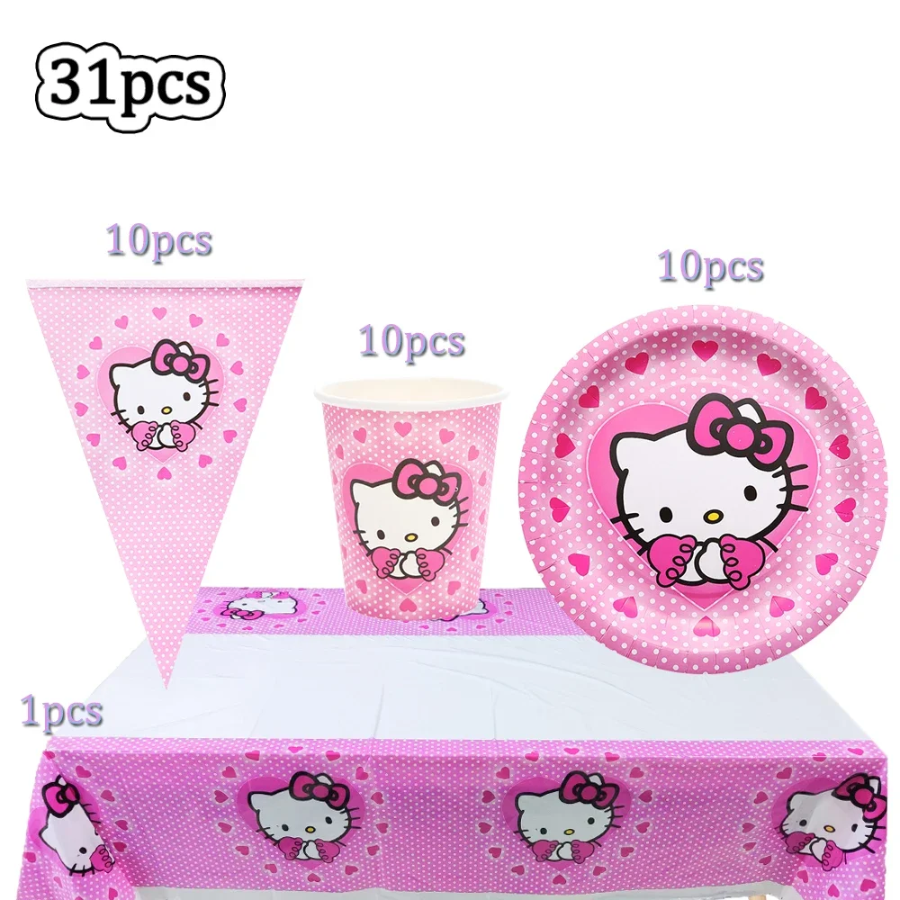 thumbnail image 1 of Suministros para fiestas de niñas con temática de Hello Kitty, vasos de papel, platos, manteles, pancartas para fiestas de cumpleaños infantiles, decoración para bodas, globos, 1 of 5