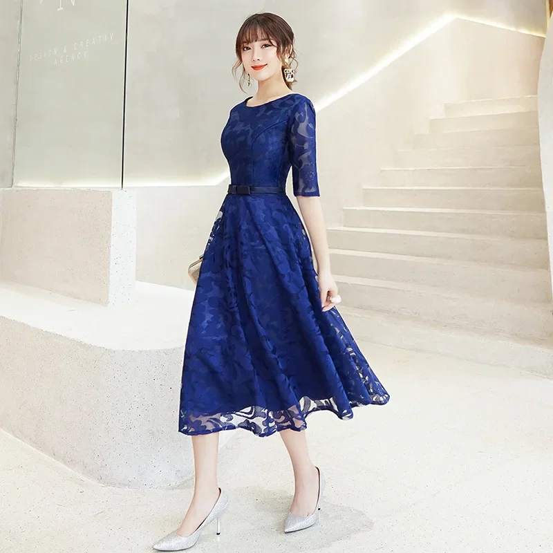 Navy Blue Bridesmaid Dress Lace Tea Length Formal Party Gown For Ladies YSM071