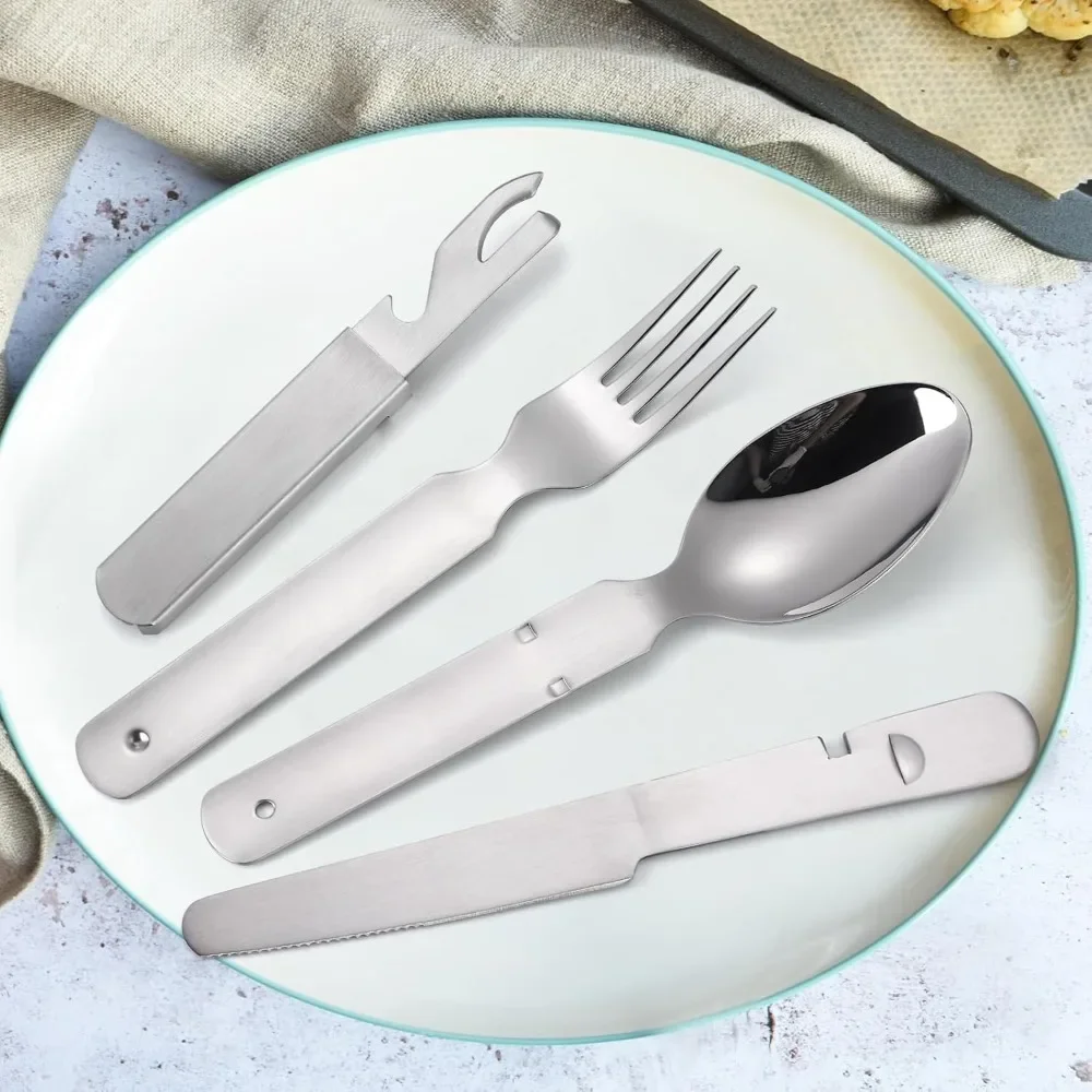 4Pcs 칼 세트 304 스테인레스 스틸 나이프 포크 및 스푼 칼 세트 캠핑 칼 세트 병따개가있는 야외 여행용 칼 세트
