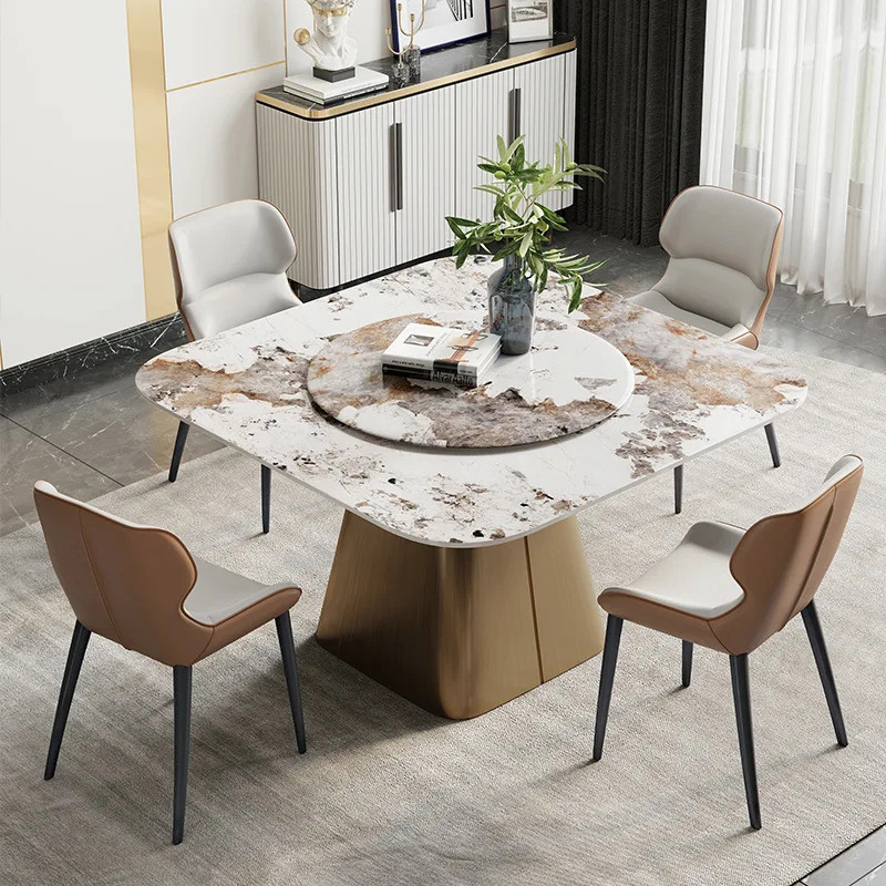 

Italian style rock slab dining table and chairs combination small household square with turntable marble round table