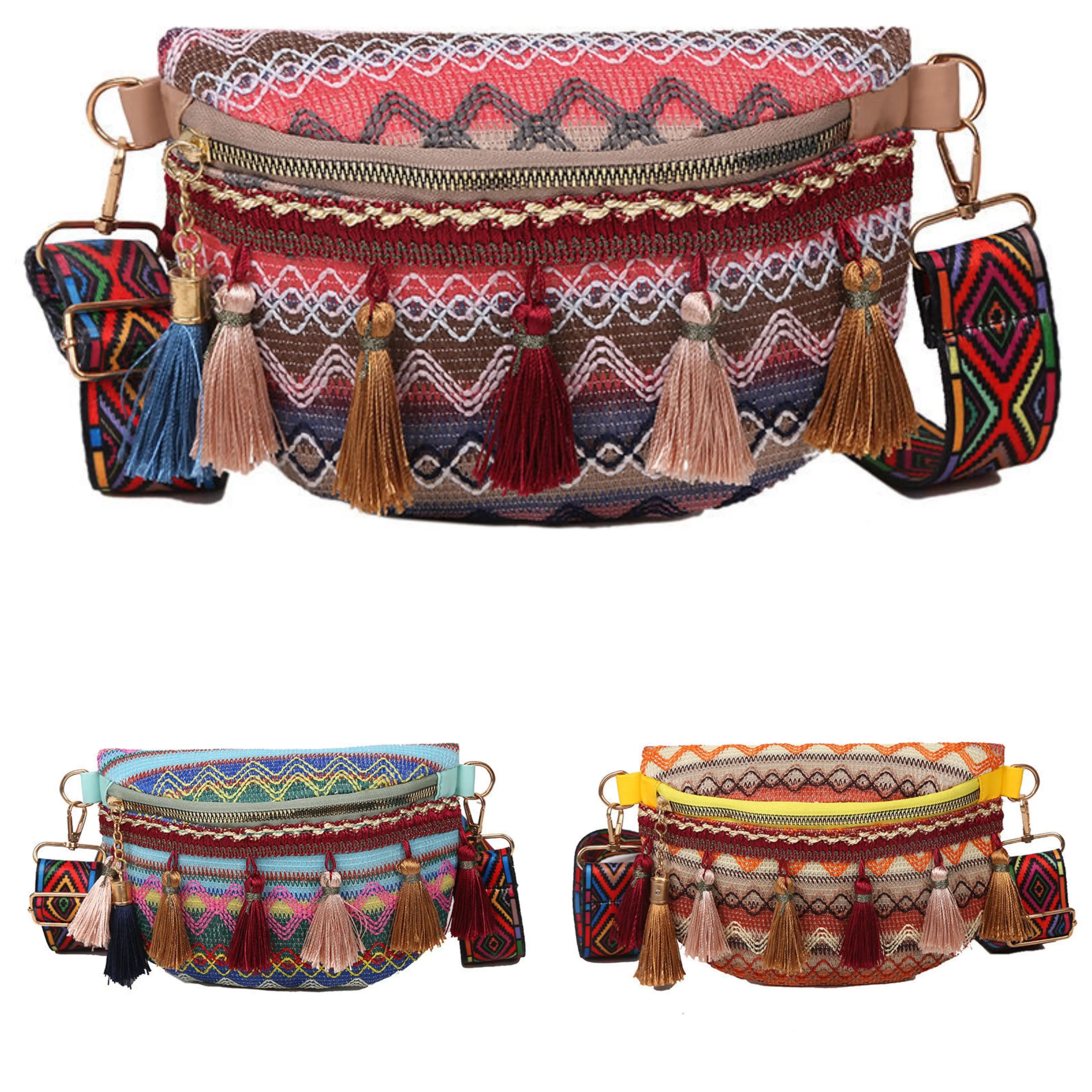 

Ethnic Style Embroidered Tassel Waistpack Crossbody Versatile Bohemia Shoulder Bag Unisex Women's Ins Sport Climbing Casual Bag