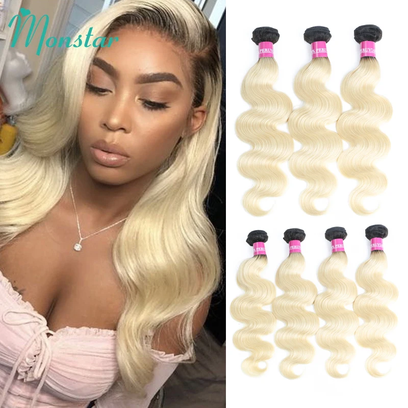 Monstar 1/3/4 Pcs Lot Two Tone Ombre Color Peruvian Hair 1B/613 Blonde Body Wave Human Hair Weave Bundles Remy Hair Can Be Dyed