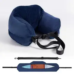Deluxe Velvet Travel Neck Pillow with Fillable Cover and Extra Storage Bag (Navy blue)