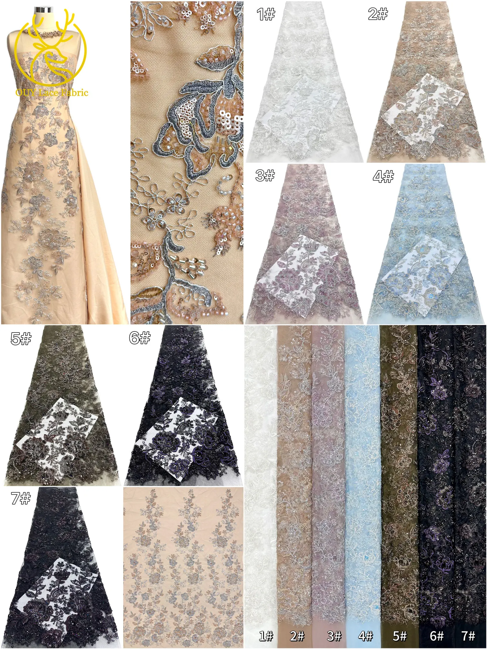 Tessuto in Pizzo Ricamato a Mano di Alta Qualità con Fiori e Perline, Tessuto in Pizzo Africano con Paillettes per Abiti da Sposa - immagine 5