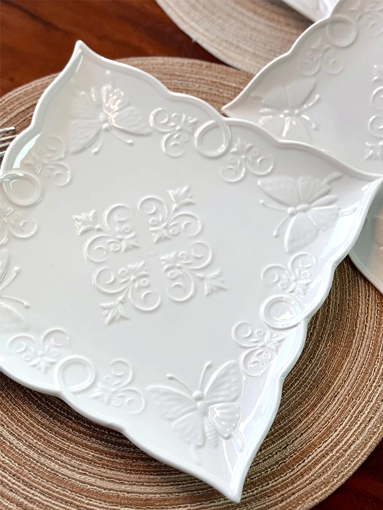 4Pcs Ceramic New Butterfly 8/10 Inch, Square Plate Evening Plate, Elegant Embossed Butterfly Pattern-Household Kitchen Utensil