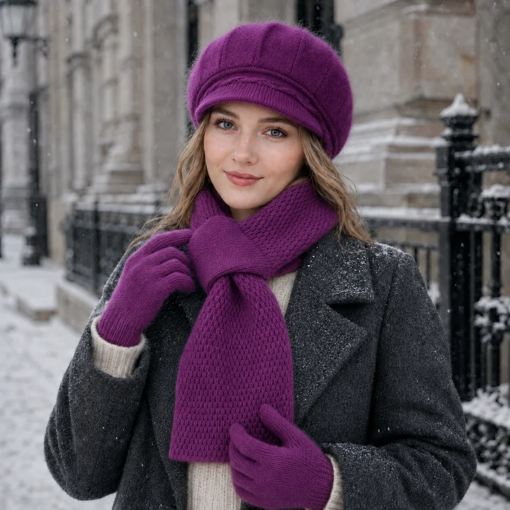3-Piece Women’s Winter Hat Scarf Gloves Set, Fuzzy Visor Cap & Pull-Through Neck Warmer, Warm Knit Cold Weather Accessories