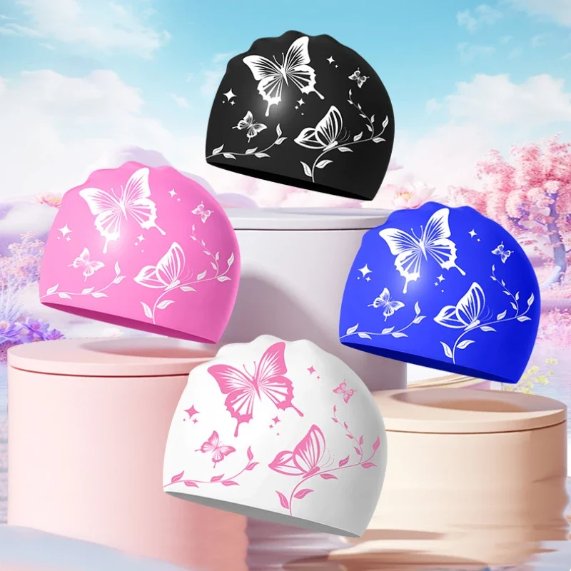 Waterproof Silicone Swim Caps for Women Men High Ealsitc Long Hair Ear Protection Swimming Cap Butterfly Printed Adult Swim Caps 2