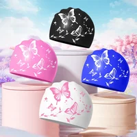 Waterproof Silicone Swim Caps for Women Men High Ealsitc Long Hair Ear Protection Swimming Cap Butterfly Printed Adult Swim Caps 2