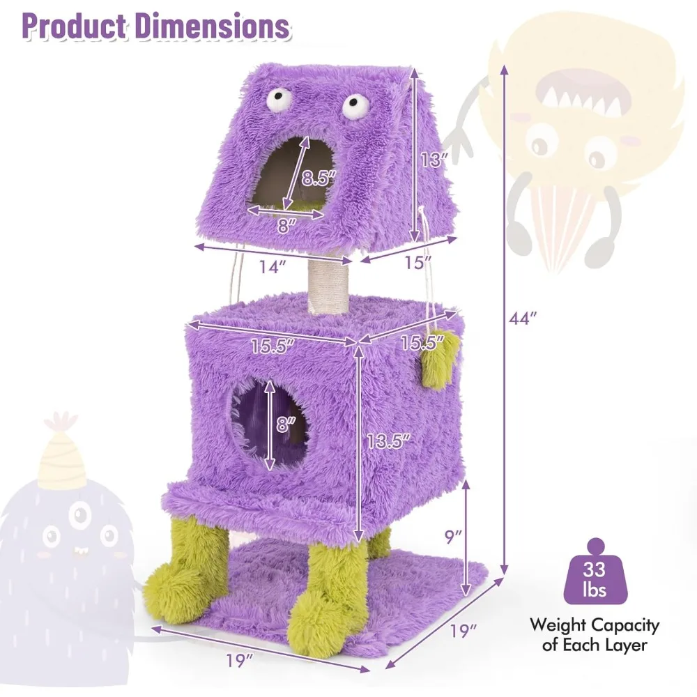 3-Tier Monster-Themed Cat Tower – Sisal Scratching Posts, 2 Enclosed Condos & Hanging Toys
